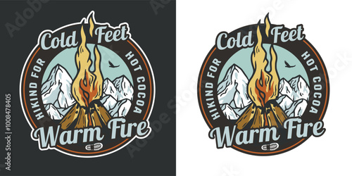 Vintage colorful emblem with bonfire on background of snowy mountains and flying bird, perfect for outdoor adventure club logo