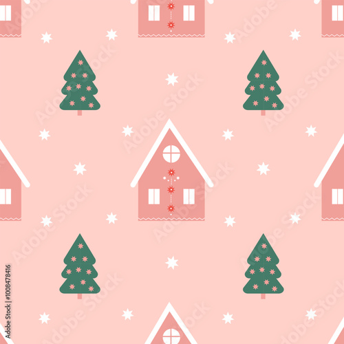 a pattern with a winter house, fir trees and snowmen and snowflakes