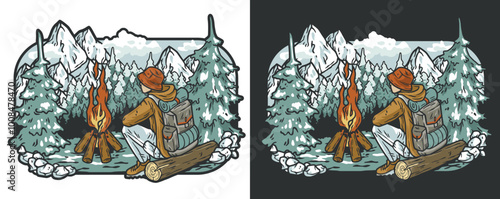 Hiker is taking a break from his journey, sitting on a log by a warm fire with a snowy forest and mountain range in the background