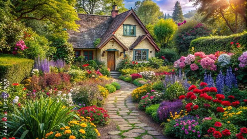 Fototapeta premium A Stone Path Leading to a Charming Cottage Nestled Among a Lush Garden of Vibrant Blooms