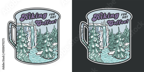 Vintage style illustration for a mug design, showcasing the beauty of a winter hiking adventure with a snowy waterfall and majestic pine trees
