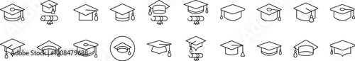 Academic Square Cap Pack of Thin Icons. Editable Stroke. Suitable for Web Sites, Books, Cards, Apps