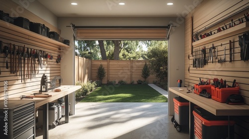 A sleek, minimalist workshop with a workbench, tool organizers, and a garage door opening to the backyard