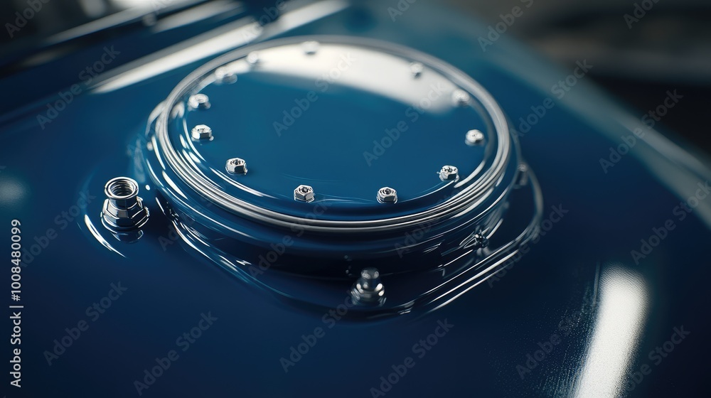 Focused view on the lid of a 200-litre blue fuel tank, with smooth metal surrounding it, no people or logos present. Focused view on the lid of a 200-litre blue fuel tank, with smooth metal surrounding it, no people or logos present.