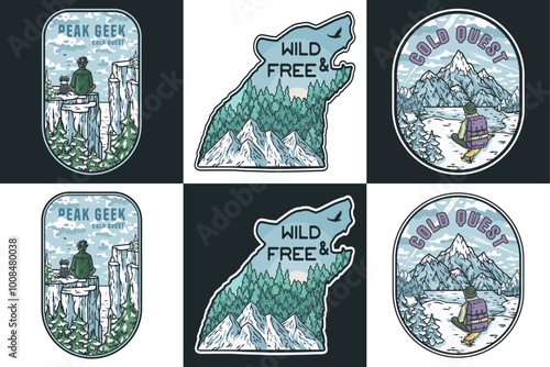 Set of vintage colorful winter emblems with inscriptions and compositions on the theme of winter sports and travel in the mountains