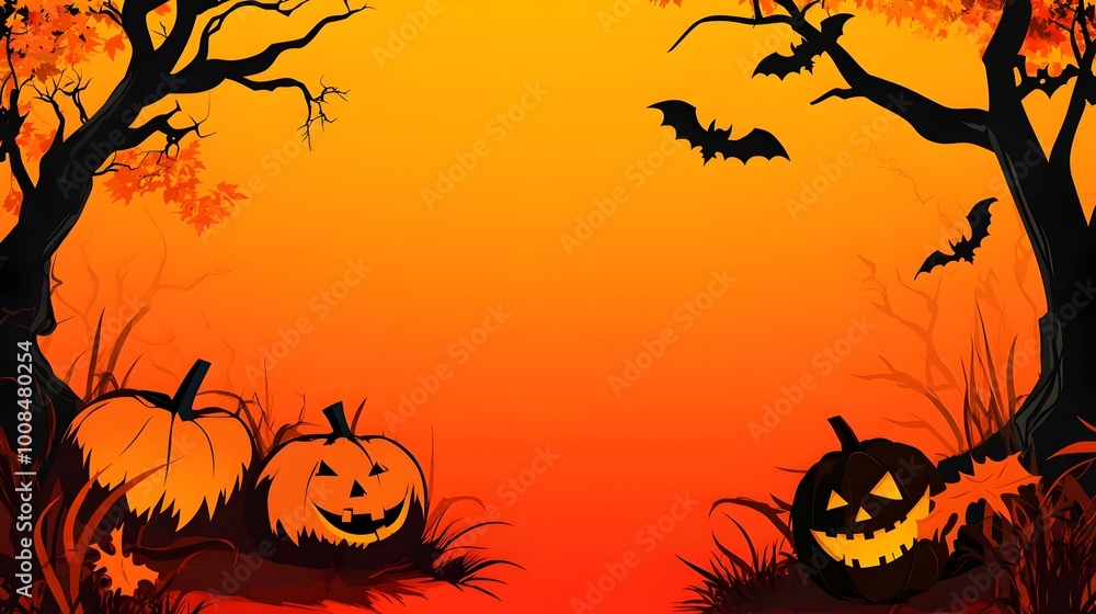 Spooky Halloween Pumpkins and Bats in Eerie Orange Forest Landscape Spooky Halloween Pumpkins and Bats in Eerie Orange Forest Landscape