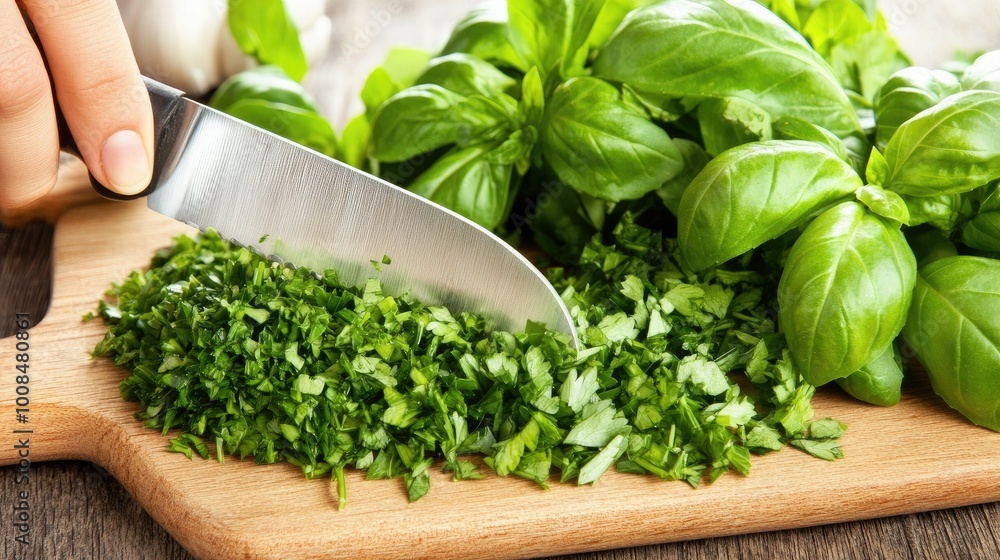Chef cutting fresh herbs with a knife on a wooden board, finely chopping parsley and basil Chef cutting fresh herbs with a knife on a wooden board, finely chopping parsley and basil
