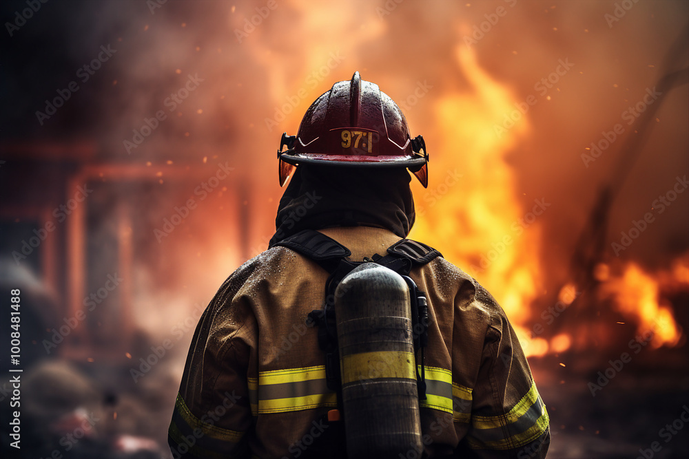 AI generated photo of brave firefighter against the backdrop of a burning house AI generated photo of brave firefighter against the backdrop of a burning house