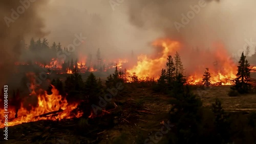 Burning wildfire forrest. pov style. Generative AI