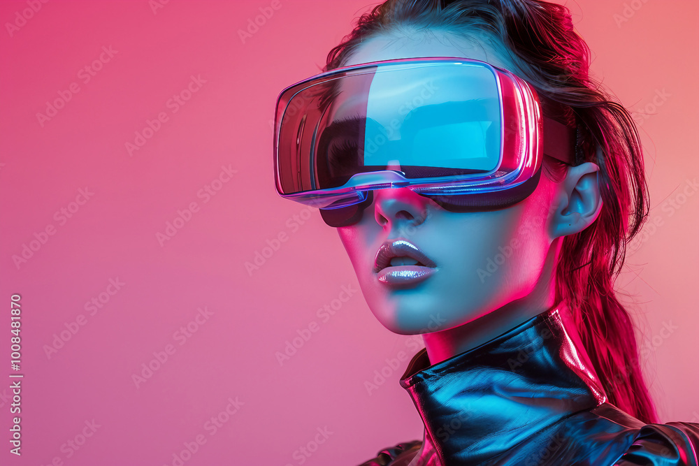 Fashion model person wearing futuristic shiny glamorous VR goggles watching cyberpunk video, Generative AI Fashion model person wearing futuristic shiny glamorous VR goggles watching cyberpunk video, Generative AI