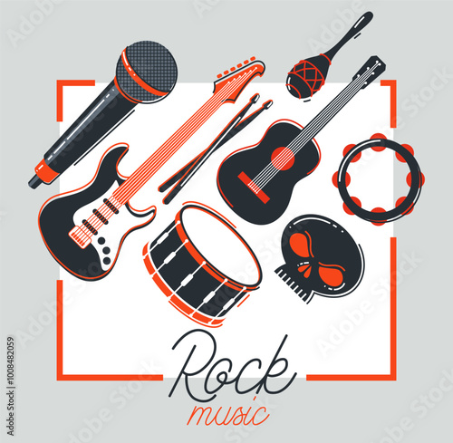 Rock music band vector poster flat illustration isolated over white background, hard rock and heavy metal live sound festival or concert flyer or advertising banner, rock n roll musical band playing.