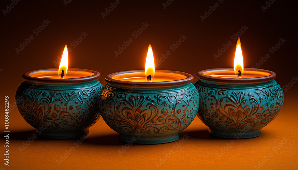 Three glowing oil lamps arranged symmetrically, illuminating a warm gold background, designed for a festive ambiance. The setting features a smooth, gradient orange background,... Three glowing oil lamps arranged symmetrically, illuminating a warm gold background, designed for a festive ambiance. The setting features a smooth, gradient orange background,...