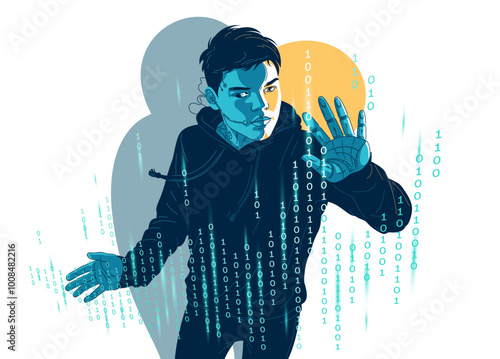 Teenager boy programmer editing digital code vector illustration, programming coder young man software development, virtual reality.