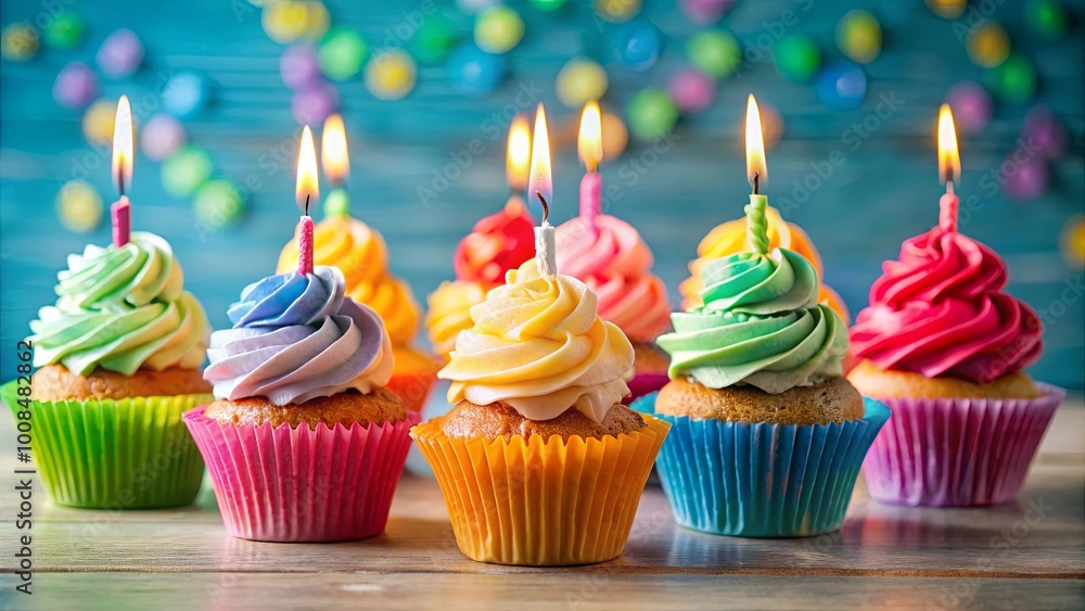 A row of colorful cupcakes with lit candles on a rustic wooden surface, each topped with a swirl of frosting, representing a celebration of joy and togetherness. A row of colorful cupcakes with lit candles on a rustic wooden surface, each topped with a swirl of frosting, representing a celebration of joy and togetherness.