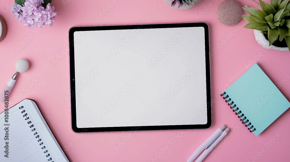 Flat Lay of Digital Tablet with Blank Screen on Pink Background Flat Lay of Digital Tablet with Blank Screen on Pink Background