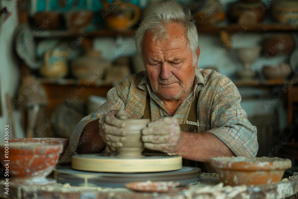 Generative AI photo craftsman shaping clay pot on spinning wheel in pottery studio surrounded by ceramic pieces Generative AI photo craftsman shaping clay pot on spinning wheel in pottery studio surrounded by ceramic pieces