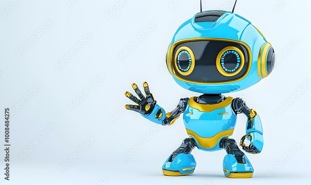 Cheerful 3D Robot Waving, A vibrant robot with colorful primary colors, exuding joy and friendliness, inviting interaction in a playful setting. Cheerful 3D Robot Waving, A vibrant robot with colorful primary colors, exuding joy and friendliness, inviting interaction in a playful setting.