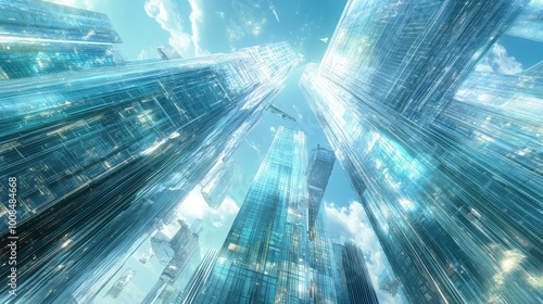 Glass skyscrapers hover in mid-air, their surfaces refracting light, creating a luminous display in the futuristic floating city.