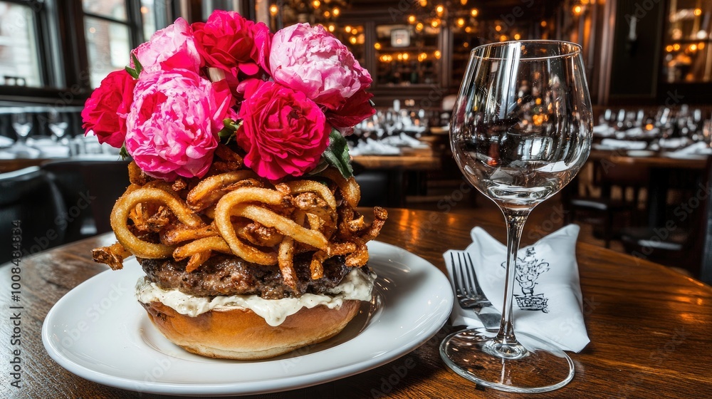 Crispy golden french fries served on the side of a juicy burger on a wooden table in a cozy restaurant Crispy golden french fries served on the side of a juicy burger on a wooden table in a cozy restaurant
