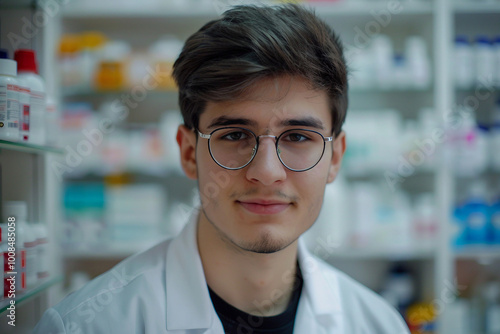 Photo of pharmacist stands in medical robe smiling in pharmacy shop full of medicines generative AI