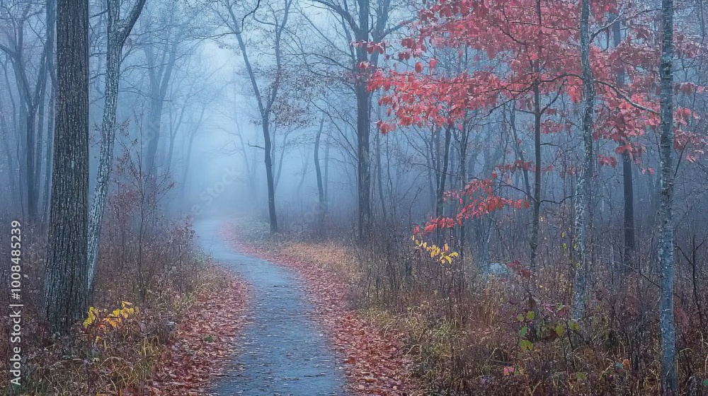 A path winds through the woods on a misty fall day. A path winds through the woods on a misty fall day.
