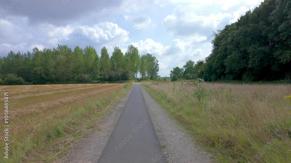 A serene pathway surrounded by vibrant fields and lush trees, ideal for nature walks or cycling excursions