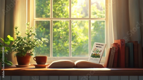 Cozy Window Sill with Books, Plants, and a Welcoming View