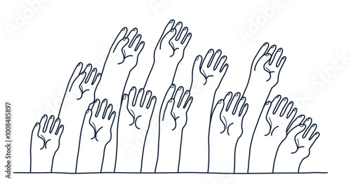 Raised hands vector illustration, voting arms, concert live party show crowd, a lot of people shows palm gesture, community concept, help aid volunteer.