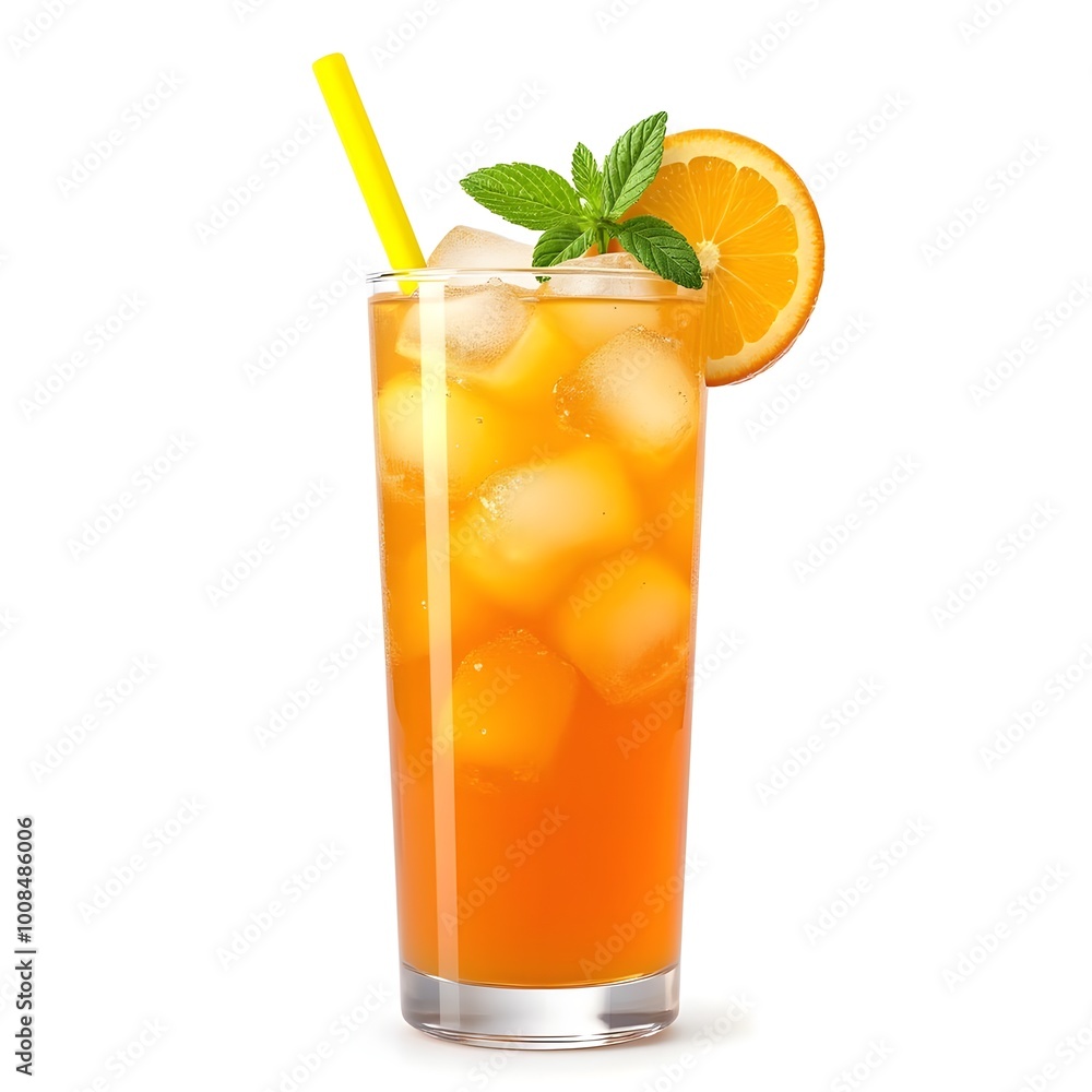 mojito cocktail with lime and mint, glass of orange juice isolated on white, refreshing iced orange tea: tall glass with mint and yellow straw mojito cocktail with lime and mint, glass of orange juice isolated on white, refreshing iced orange tea: tall glass with mint and yellow straw