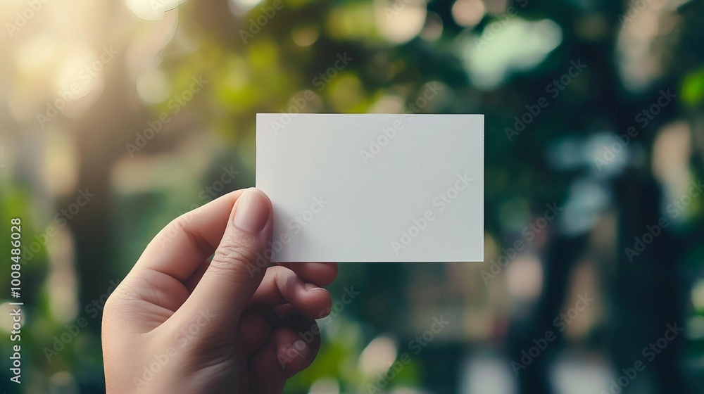 Hand Holding Blank White Card in Front of Green Blurred Background Hand Holding Blank White Card in Front of Green Blurred Background