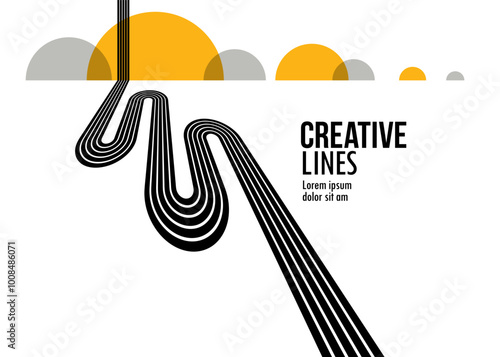 Future lines in 3D perspective vector abstract background, black and yellow linear composition, road to horizon and sky concept, optical illusion op art.