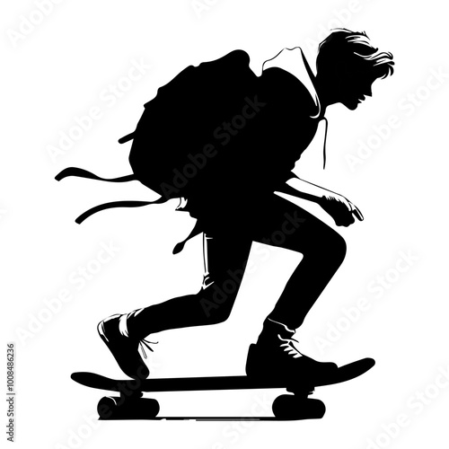 boy riding a skateboard on white blank background black vector