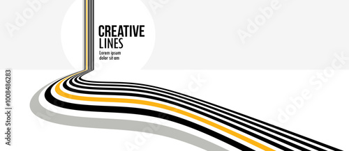 Linear composition vector road to horizon, abstract background with lines in 3D perspective, optical illusion op art, black and yellow colors.