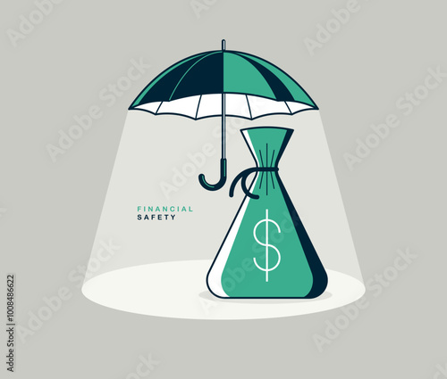 Umbrella with money bag vector conceptual poster, financial safety concept, simple icon style illustration of a parasol with moneybag, financial protection metaphor.