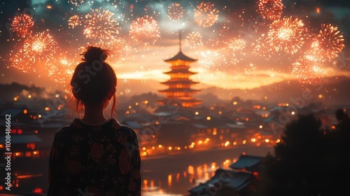 a japanese girl gazes in wonder at a dazzling fireworks display illuminating the night sky capturing the joy and excitement of the festive occasion in vibrant colors