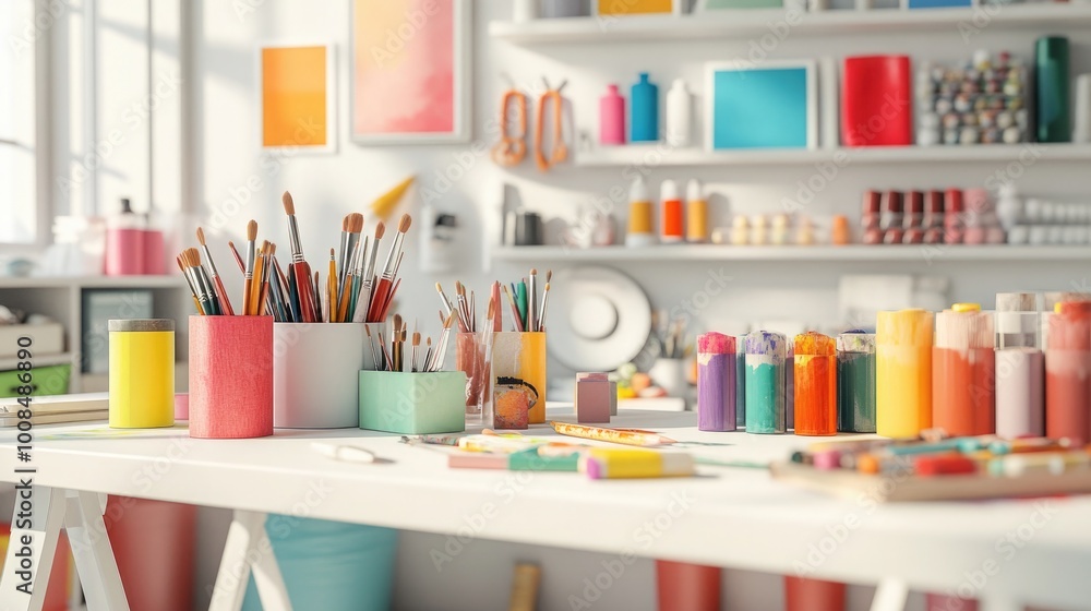 A sophisticated art workshop with a variety of colorful supplies and a white workbench A sophisticated art workshop with a variety of colorful supplies and a white workbench