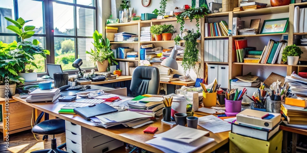 Disorganized workspace filled with papers, office supplies, and clutter creating a chaotic environment Disorganized workspace filled with papers, office supplies, and clutter creating a chaotic environment