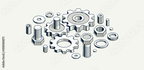Invention renovation and development concept, gears and cogs composition isometric 3D vector illustration, technology theme, machinery and engine creation.