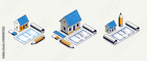 Cottage house for rest project concept, 3D isometric vector illustration of a small house building project, countryside small house cabin in village or nature.