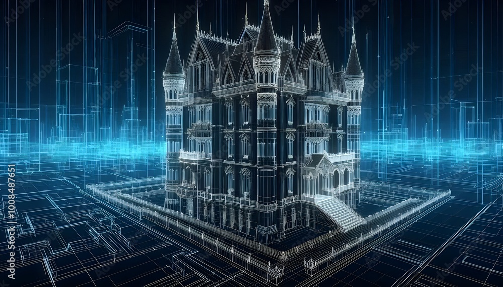 Fototapeta premium Glowing wireframe of castle architecture futuristic building. 