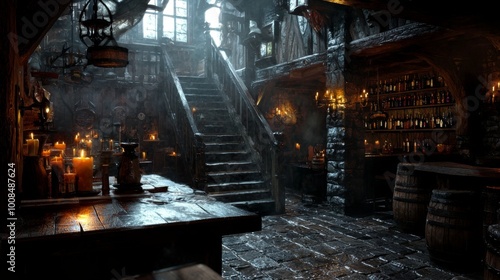 Wallpaper Mural Whimsical Tavern Gathering, a vibrant fantasy tavern filled with adventurers, merchants, and magical creatures sharing stories, music, and laughter in a warm, inviting atmosphere Torontodigital.ca