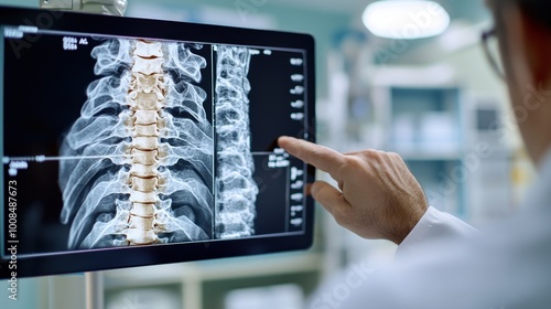 A medical expert attentively analyzes a detailed MRI scan of the spine on a digital screen, emphasizing critical areas in a laboratory setting