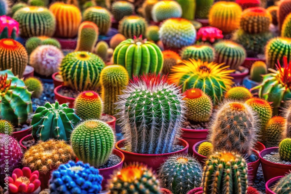 Fototapeta premium Diverse Collection of Cacti Displaying Unique Shapes, Textures, and Colors in Natural Environment