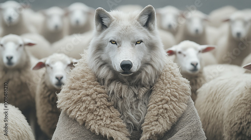 Portrait of a white wolf in a flock of sheep on the farm