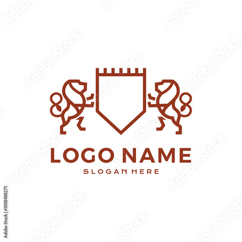 Luxury Lion crest heraldry logo. Elegant black heraldic shield icon. Premium brand identity emblem. Royal coat of arms company label symbol. Modern vector illustration.