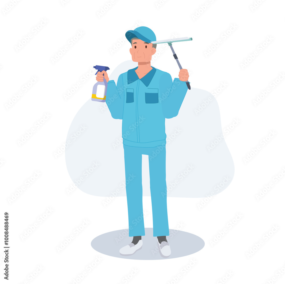 Professional Male Janitor in Blue Uniform Using Cleaning Spray and Wiper for Window Maintenance Professional Male Janitor in Blue Uniform Using Cleaning Spray and Wiper for Window Maintenance