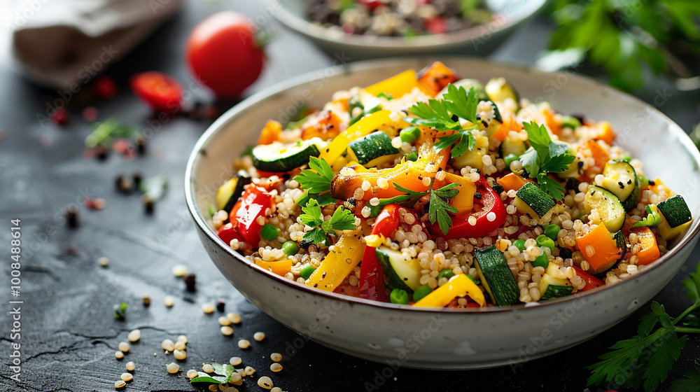 A bowl of cooked amaranth grain mixed with roasted vegetables, including bell peppers and zucchini, garnished with fresh herbs, served in a white bowl. A bowl of cooked amaranth grain mixed with roasted vegetables, including bell peppers and zucchini, garnished with fresh herbs, served in a white bowl.
