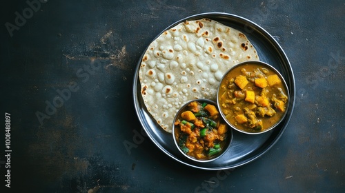 A nutritious school meal of chapati, curry, and vegetables for kids in India, with ample copy space.