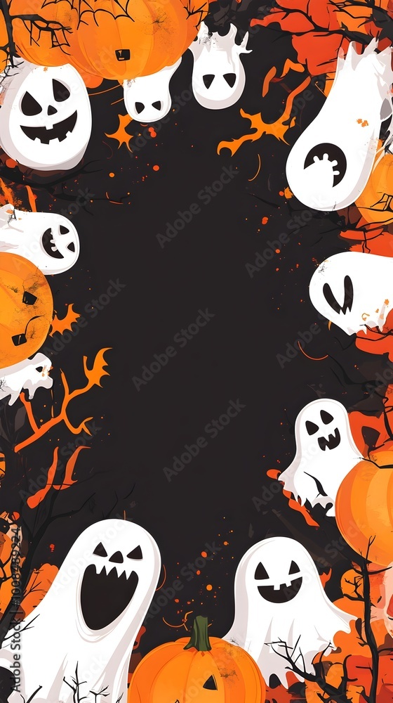 Obraz premium Spooky Cartoon Halloween Backdrop with Ghostly Figures and Pumpkins
