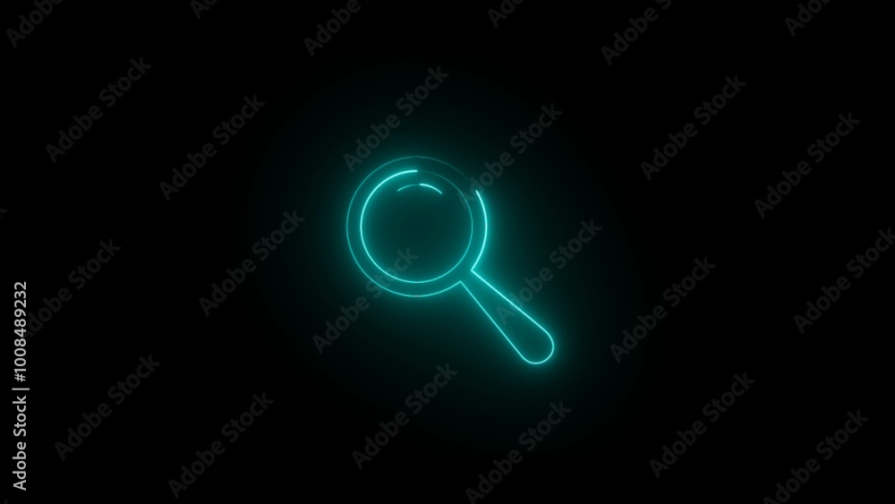 Glowing neon magnifying Glass Icon. Neon sign Magnifying glass zoom icon on black background. Glowing neon magnifying Glass Icon. Neon sign Magnifying glass zoom icon on black background.